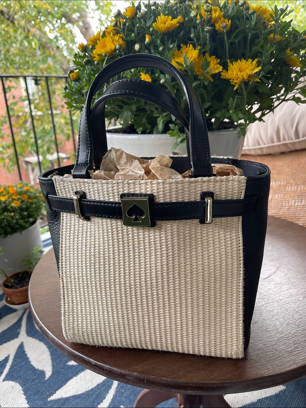 kate spade Black and Cream Woven Satchel with Top Handles